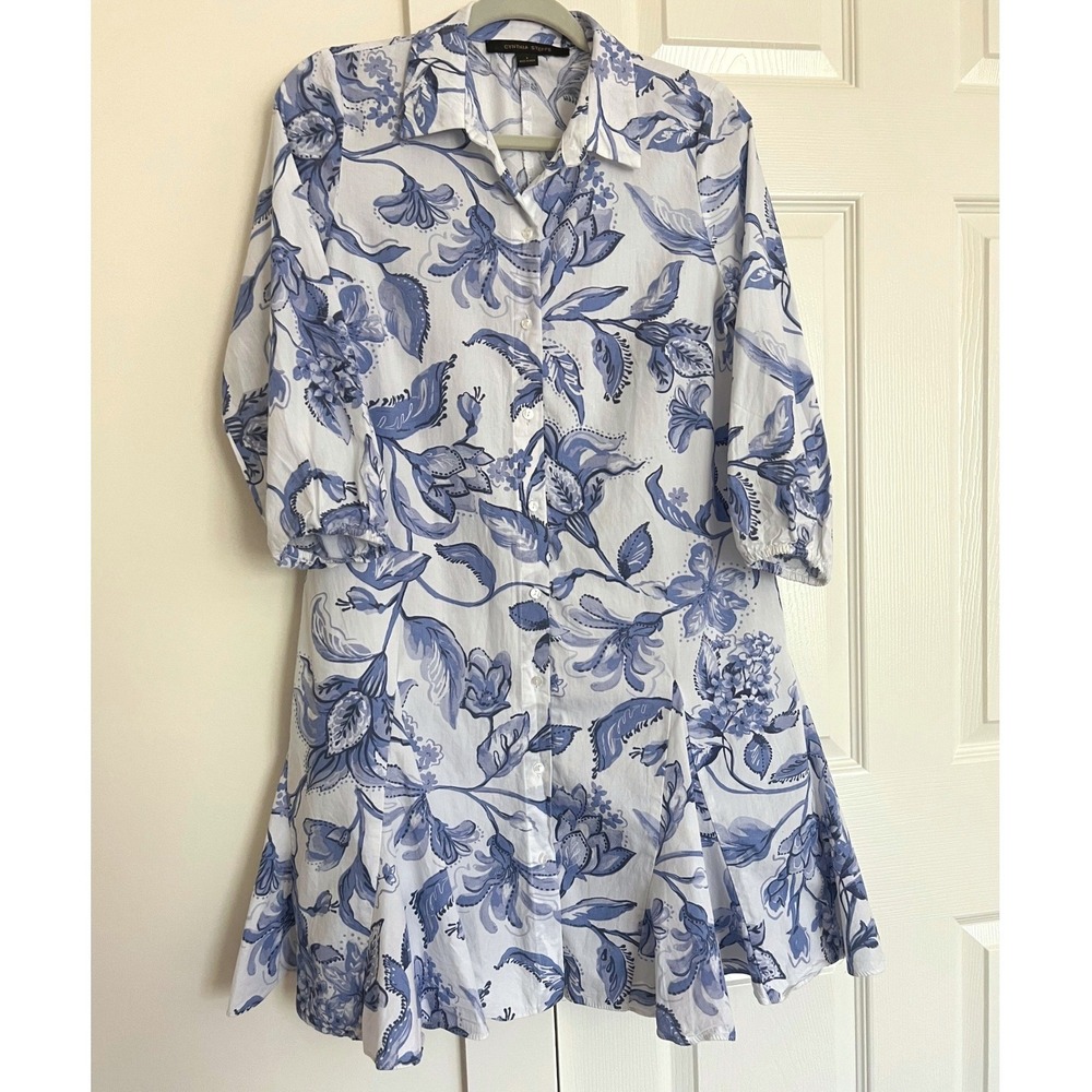 Cynthia Steffe Cotton Dress Blue White Floral Button Front Shirtdress 3/4 Sleeve